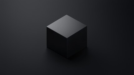 A 3D rendering of a black cube against a black background.