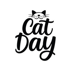 Black and white cat day greeting card with playful handwritten lettering and cute cat face illustration