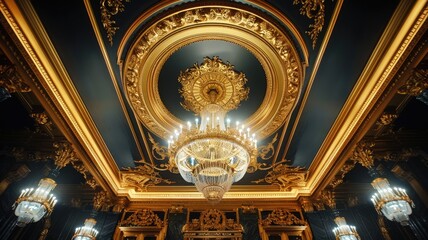 Fototapeta premium Picture of luxury style indoor hall for elegant event. Elegance of ceiling with the decoration of luxurious gold light shining with mysterious black picture perfect for cinematic scene design. AIG53.