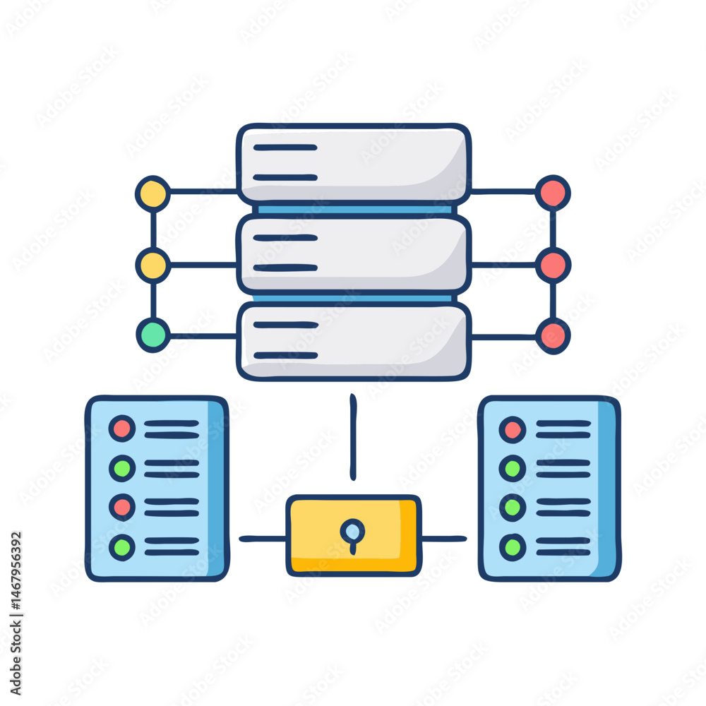 Poster data server network database connection system architecture diagram with security lock and lists ico