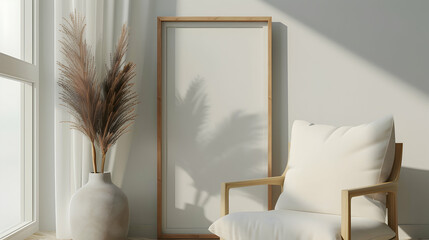 Wooden frame mockup close up standing near chair and vase in interior, 3d render