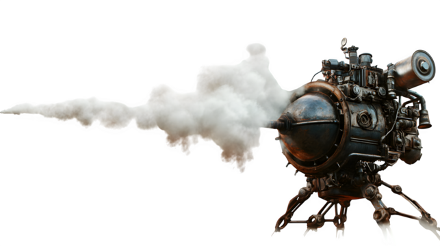 A steampunk pirate robot with a massive steam boiler backpack, releasing clouds of smoke as it fires a harpoon gun. Ultra-HD, transparent background --ar 16:9