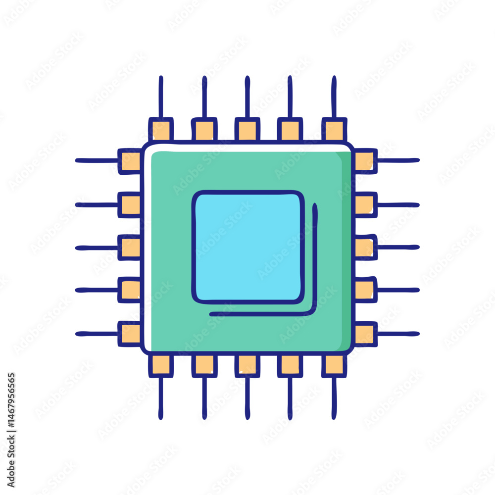 Poster illustration of microchip processor semiconductor technology circuit board integrated chip component