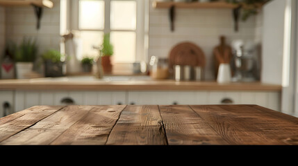 Wooden table on blurred kitchen bench background. Empty wooden table and blurred kitchen background