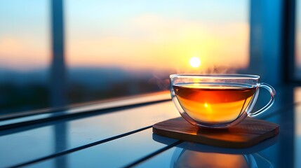 Warm Tea at Sunrise: A Glass Cup of Steaming Tea on a Windowsill