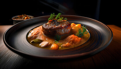 Gourmet Roasted Lamb Shank Dish with Pureed Vegetables and Garnish