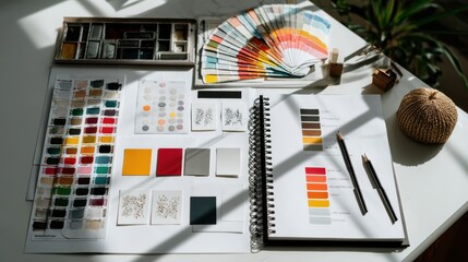Top-down view of a creative branding workspace featuring packaging mockups, color swatches, moodboard, logo sketches, and business card prototypes. Clean, bright flatlay ideal for creative or marketin