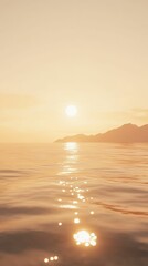 Golden sunset over calm ocean, distant hills.