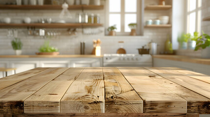 Wooden table on blurred kitchen bench background. Empty wooden table and blurred kitchen background