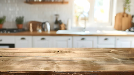 Wooden table on blurred kitchen bench background. Empty wooden table and blurred kitchen background