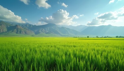 Obraz premium Scenic rice field in Iran with mountains background. Green paddy field agriculture, farming, harvest. Tranquil countryside, natural beauty landscape, rural area. Environmentally friendly,