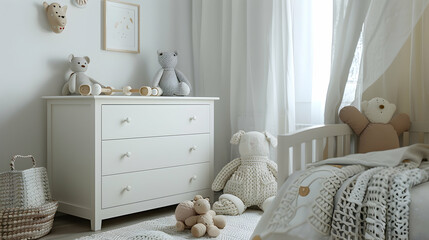 wooden toys in the children's room, chest of drawers and a white bed, the interior of the children's bedroom