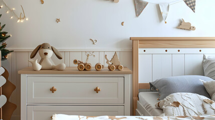 wooden toys in the children's room, chest of drawers and a white bed, the interior of the children's bedroom