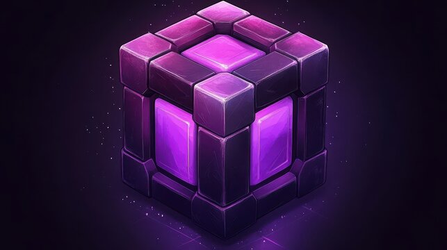 Abstract luminous purple block with glowing edges, modern futuristic design element for virtual worlds and game development concept image