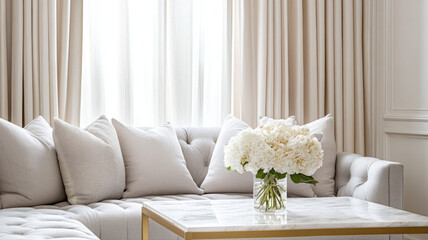 Serene Living Room: A luxurious light beige sectional sofa with plush cushions is artfully arranged around a sleek, gold-trimmed coffee table holding a glass vase of white hydrangeas.