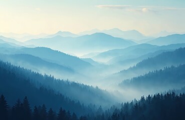 Obraz premium Illustration of blue mountains covered in mist. Landscape with fog over mountain peaks. Wallpaper, travel, scenery, nature background. Foggy, misty, winter, forest.