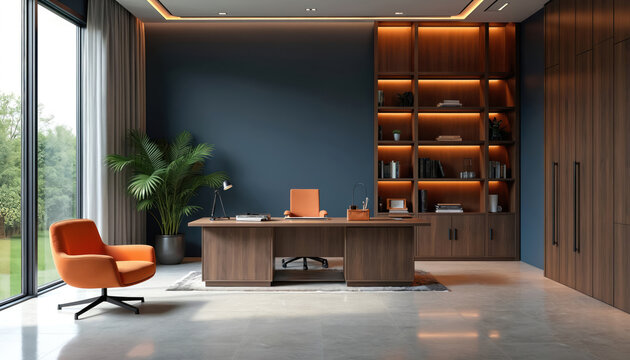 Modern office interior with navy wall, wooden desk, orange chair. Stylish workplace, home office with big window. Luxury interior design, pro workplace. Virtual background for video calls.