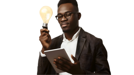 Man in suit holding glowing light bulb and tablet looking at the light bulb with a thoughtful look