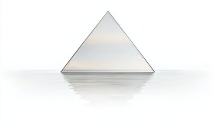A triangular prism with a reflective surface sits in calm water, creating a mirror image.