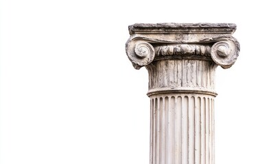 Ancient column capital and shaft.  Detailed view of a weathered stone column, featuring a capital with volutes and a decorative top,  and a fluted shaft