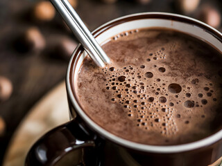 Frothy Hot Chocolate in Dark Mug &ndash; Cozy Winter Drink with Metal Straw

