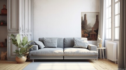 Modern minimalist living room with grey sofa and green cactus. Interior design of sofa with modern decoration in modern and minimal style. Interior photograph for home and design. Living room. AIG51.