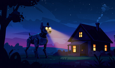 Ilustraci&oacute;n de un perro robot de cuatro patas con ojos brillantes cerca de la casa por la noche. Tecnolog&iacute;a de seguridad e innovaci&oacute;n para la protecci&oacute;n del hogar.