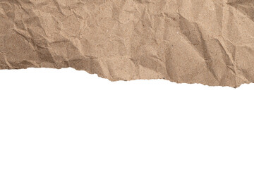 Torn piece of brown kraft paper with crumpled texture on white background

