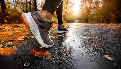 close up of sneakers stepping on wet road covered with autumn leaves hinting at outdoor exercise generative ai