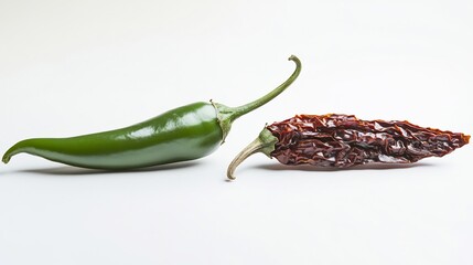 Side view of a fresh green chili and dried red chili placed on a white background to highlight the contrast in color and texture overlay cut out on isolated transparent removed background