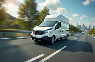 Obraz premium White delivery van drives fast on a motorway. Modern cargo courier vehicle transports shipment to city urban suburb. Business distribution logistics service. Fast delivery express service.