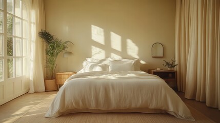Sunlit bedroom with a cozy, minimalist aesthetic. Cream-colored bedding and curtains create a serene atmosphere.