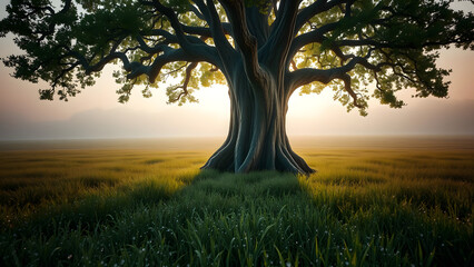 Fototapeta premium Oak Tree in a Dew-Kissed Meadow at Dawn – HD Photorealistic Nature Landscape