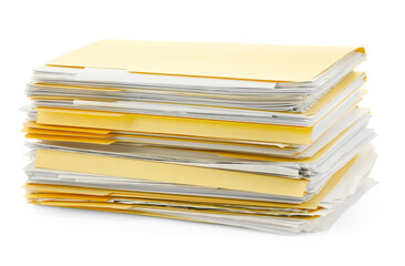 Stack of file folders with papers isolated on white