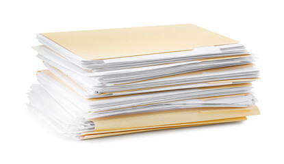 Stack of file folders with papers isolated on white