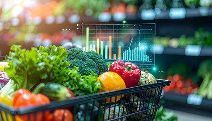 Grocery Cart Analytics: A close-up of a shopping cart filled with fresh produce, with an overlay of data visualization, showcasing a trend of rising demand in the grocery sector.