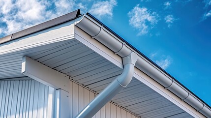 Modern home exterior detail: Light gray gutters against a bright blue sky.  Clean lines and sleek design.