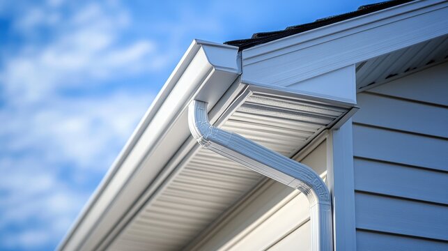 Close-up of a house's seamless gutters and downspout against a bright blue sky.