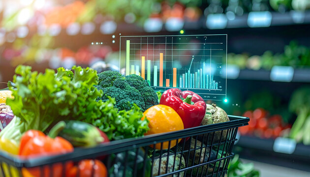 Grocery Cart Analytics: A close-up of a shopping cart filled with fresh produce, with an overlay of data visualization, showcasing a trend of rising demand in the grocery sector. - Powered by Adobe
