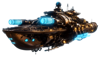 A cybernetic pirate navigating a hovering brass ship with glowing blue thrusters. Ultra-HD, transparent background --ar 16:9