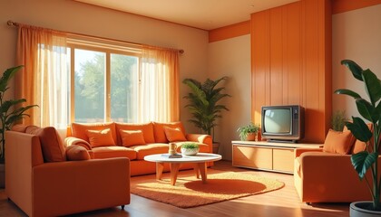 Fototapeta premium Retro living room interior in 1970s-1980s style. Orange couch armchair, retro TV, round table. Home decor with plants and retro style. Room designed in mid-century modern style.