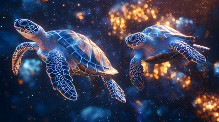 Two luminous turtles flying through a glowing cosmic nebula in a surreal space scene
