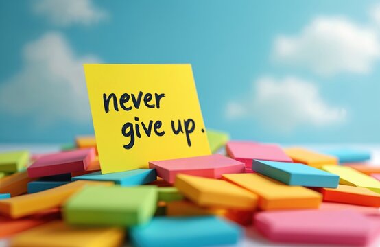 Motivational message Never Give Up yellow sticker on colorful sticky notes. Encouraging words, positive affirmation. Concept for success, resilience, determination. Inspire belief, ambition. Business