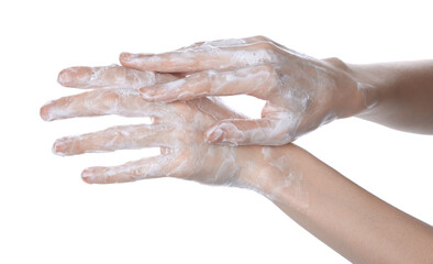 Woman washing hands with soap on white background, closeup