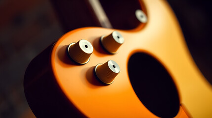 Close-up of guitar body with knobs and f-hole design, warm lighting.