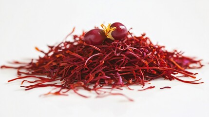 Fototapeta premium Side view of a small heap of saffron threads with a few whole saffron pistils on a white background showcasing their rich color overlay cut out on isolated transparent removed background
