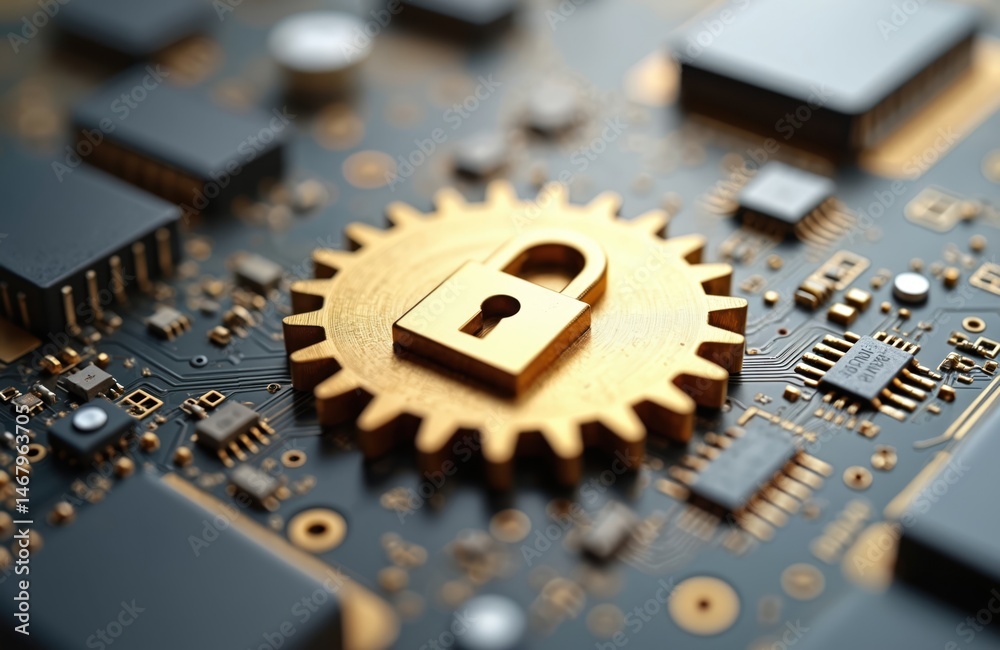 Poster Illustration shows secure digital lock symbol on circuit board. Represents tech cybersecurity innovation. Padlock golden gear symbol. Data protection encryption system. Digital safety privacy.