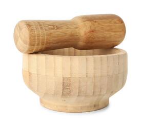 Wooden mortar with pestle isolated on white