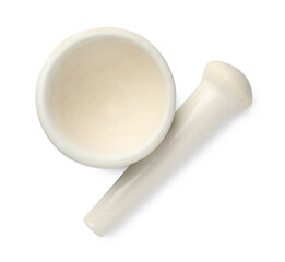Ceramic mortar with pestle isolated on white, top view