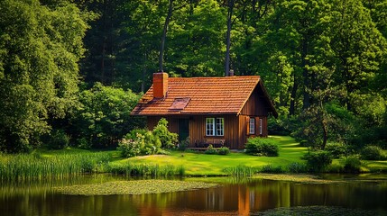 Quaint stone house with wooden shutters nestled among trees with lush garden and lawn image